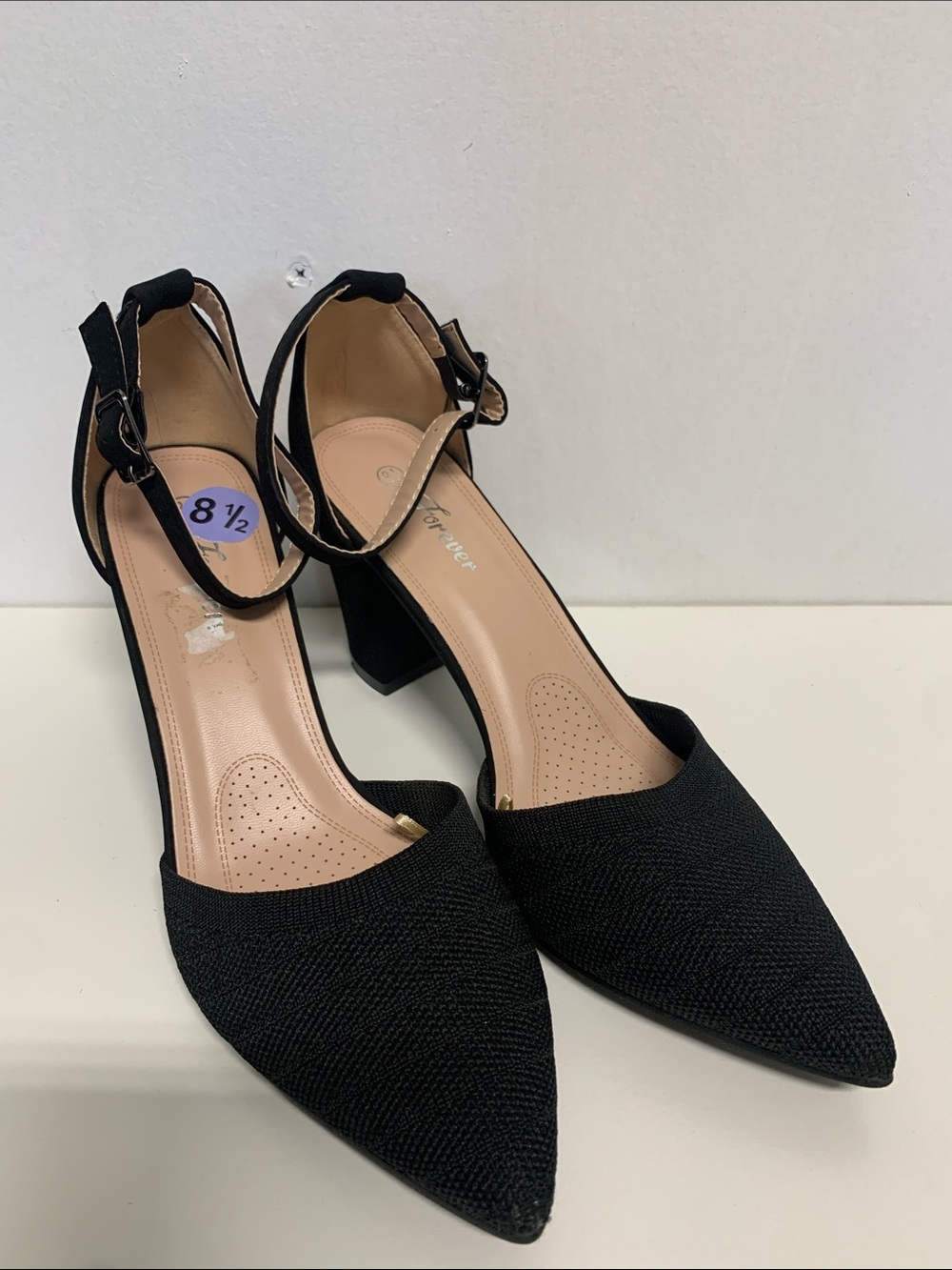 Forever 21 Black Pointed Block Heel Ankle-Strap Pumps